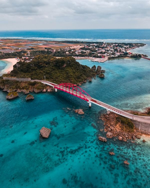 Aerial view of Okinawa island turquoise waters